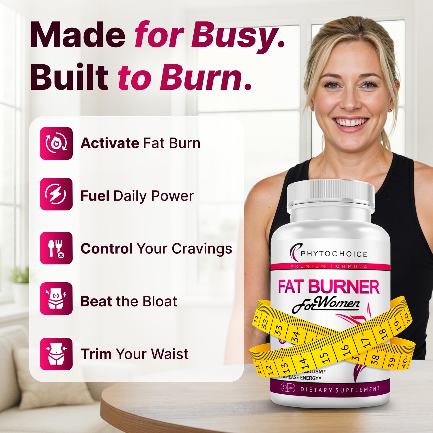 PHYTOCHOICE belly fat burner pills close-up showing convenient capsules for busy women.