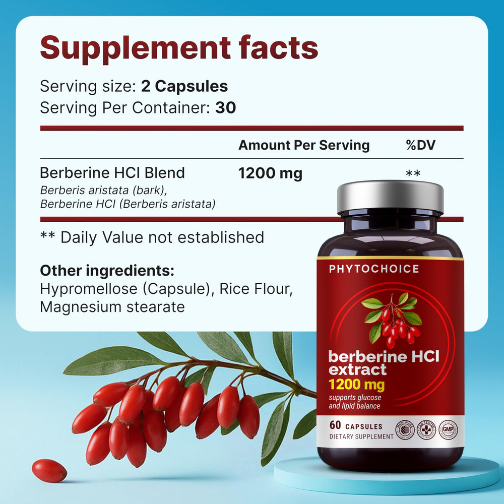 PHYTOCHOICE Berberine HCl label view highlights vegan, non-GMO formula for clean wellness