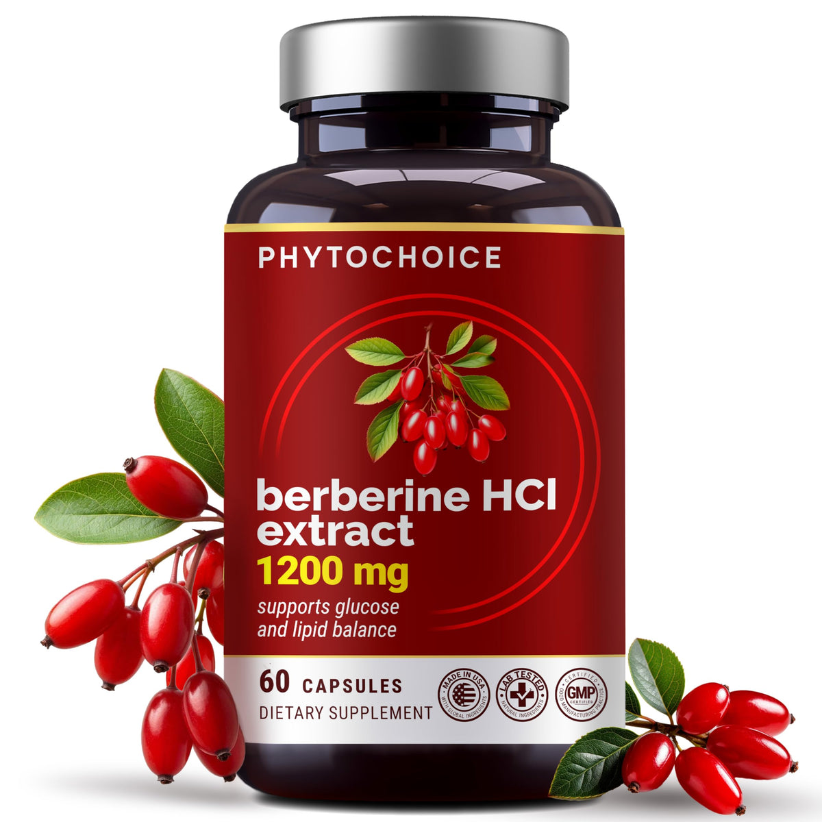 PHYTOCHOICE Pure Berberine HCl 1200mg bottle showcasing potency for daily support