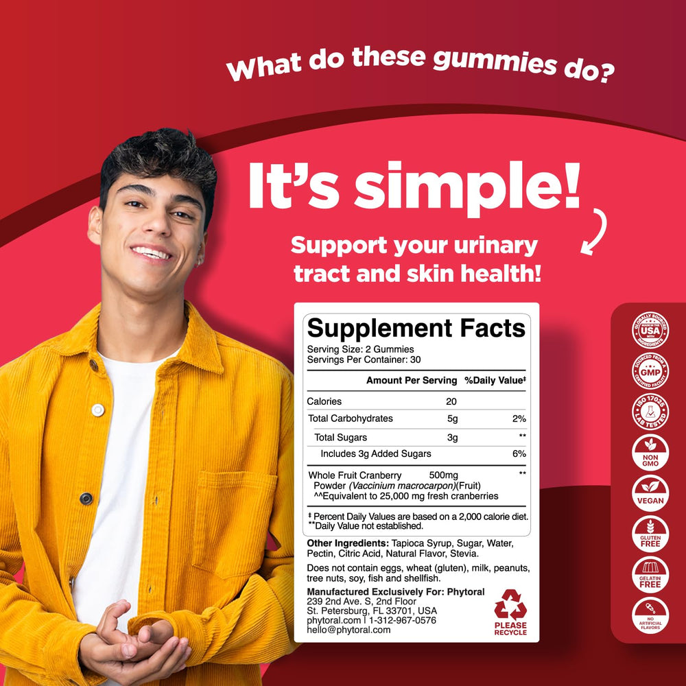 Phytoral cranberry gummies label close-up indicating cranberry-based formula