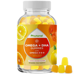 Phytoral DHA Omega 3 Gummies for adults bottle closeup to highlight brain and heart support