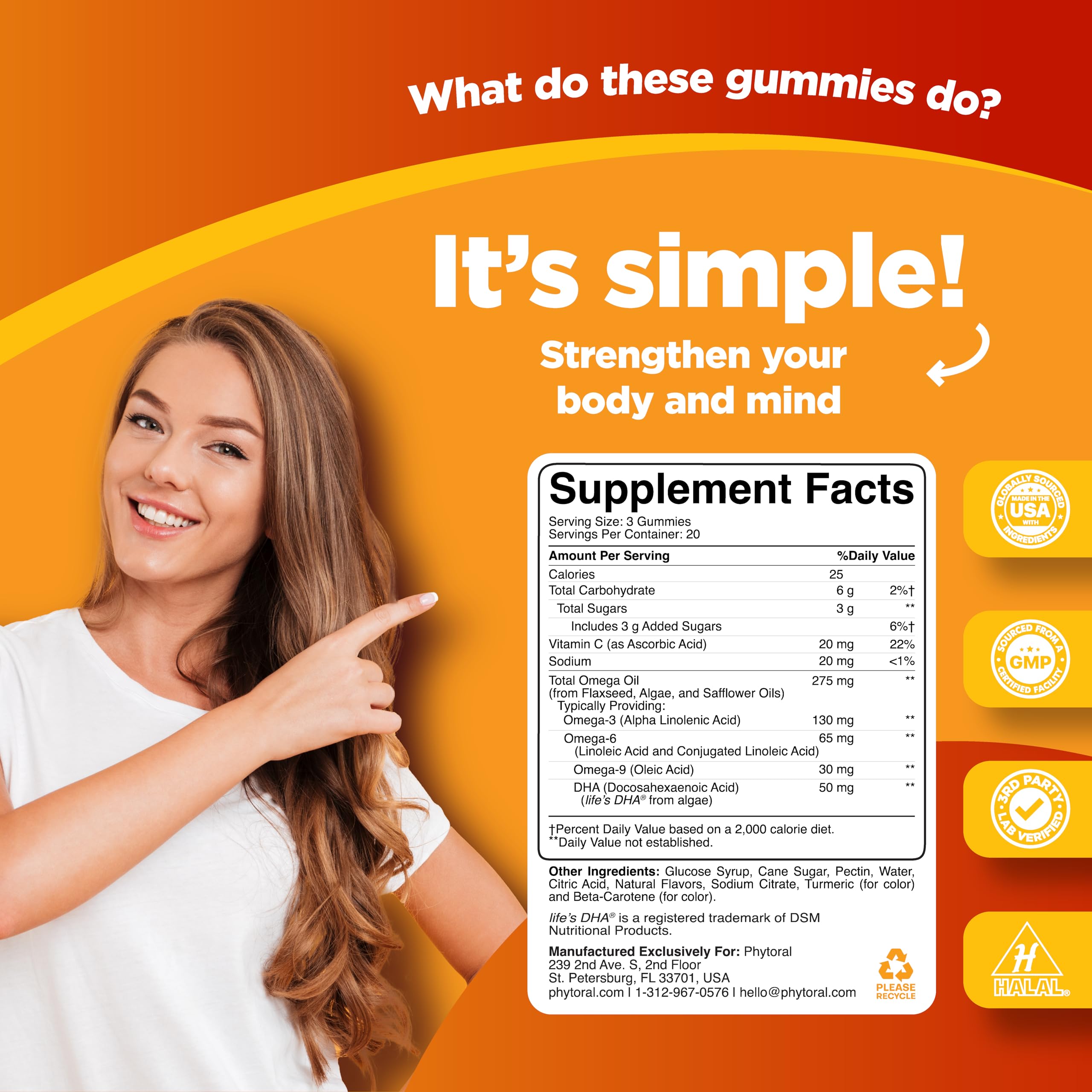 Phytoral DHA Omega 3 Gummies chia seed content shown as vegan omega-3 source