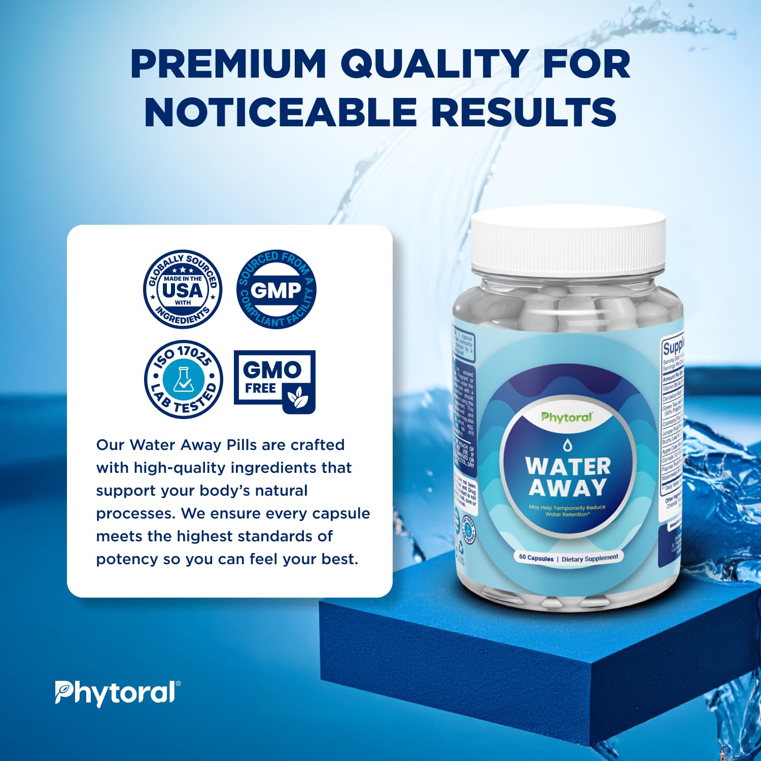 PHYTORAL diuretic capsules closeup shows compact easy-to-take daily support.