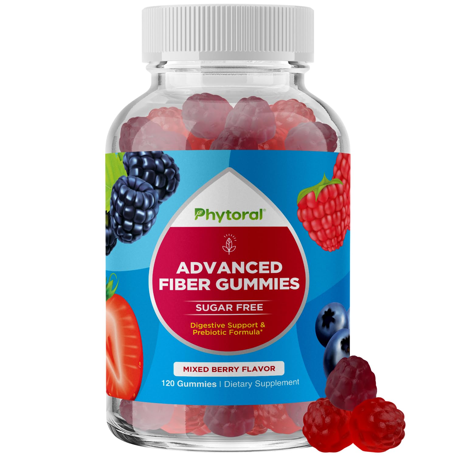 Phytoral Fiber Gummies adults bottle shows sugar-free formula for gut health