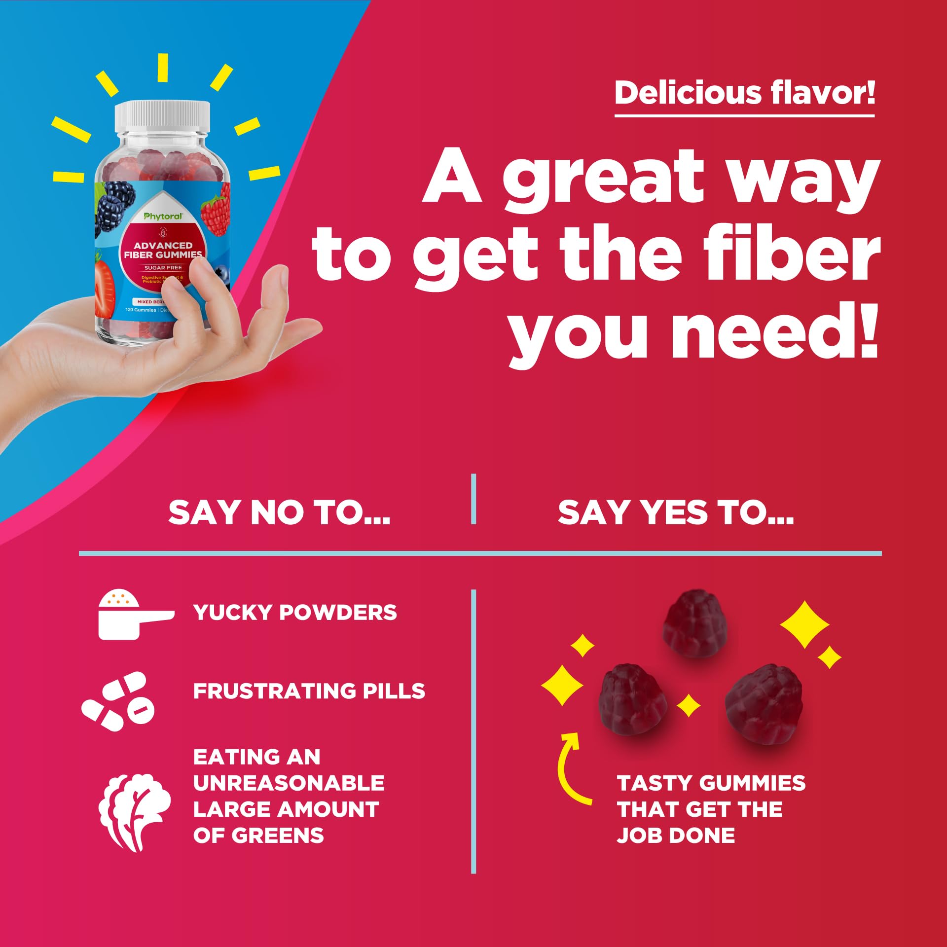 Phytoral Fiber Gummies dispensing scene suggests easy daily routine