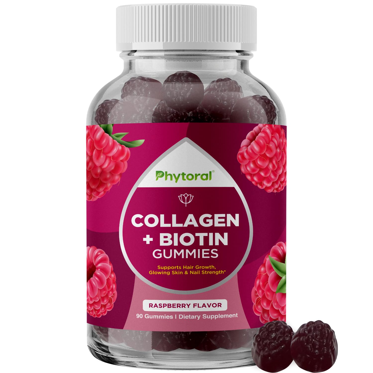 Phytoral hydrolyzed collagen biotin bottle showing convenient gummies for hair, skin, and nails