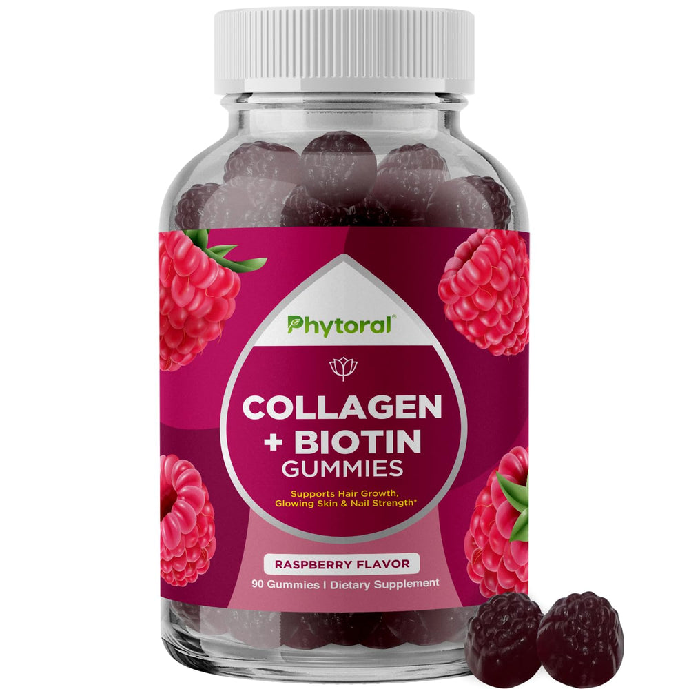 Phytoral hydrolyzed collagen biotin bottle showing convenient gummies for hair, skin, and nails