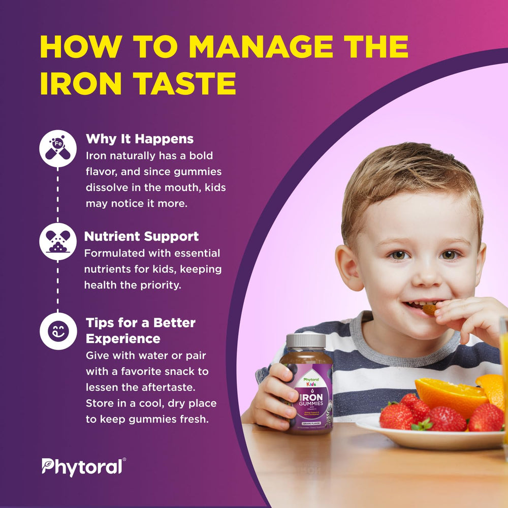 Phytoral Iron Gummies for Kids chew texture close-up shows soft bite