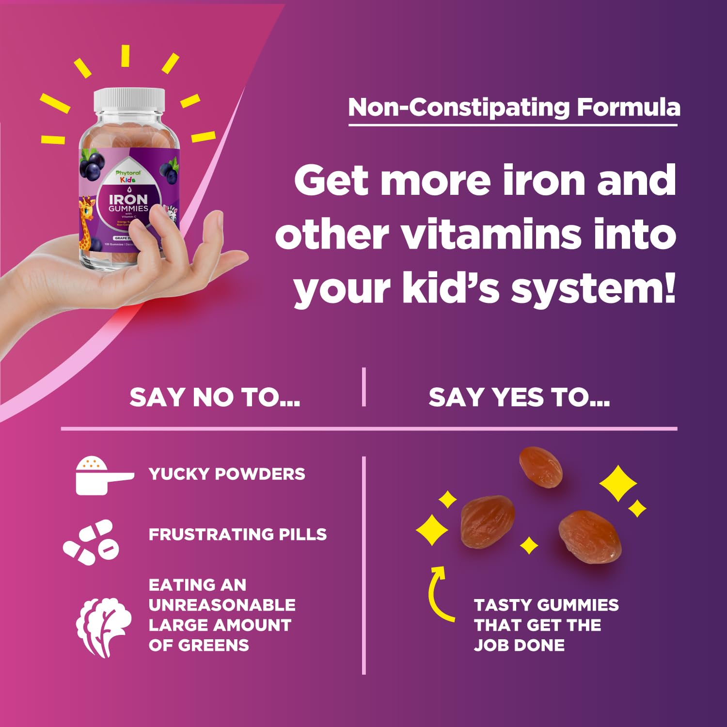 Phytoral Iron Gummies for Kids packaging displays kosher non-GMO GMP quality