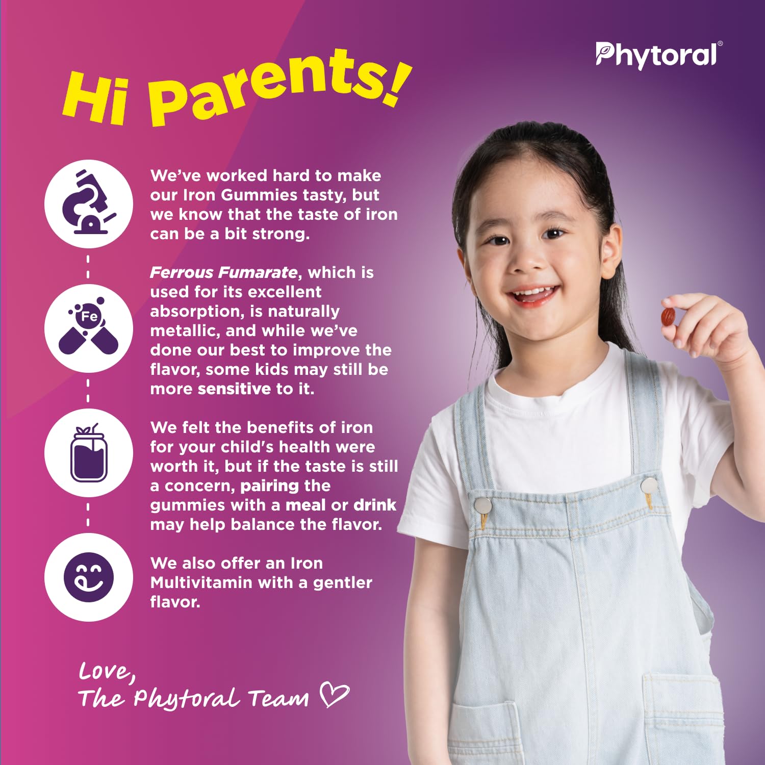 Phytoral Kids Iron Gummies ingredient panel highlights vitamin C and B vitamins