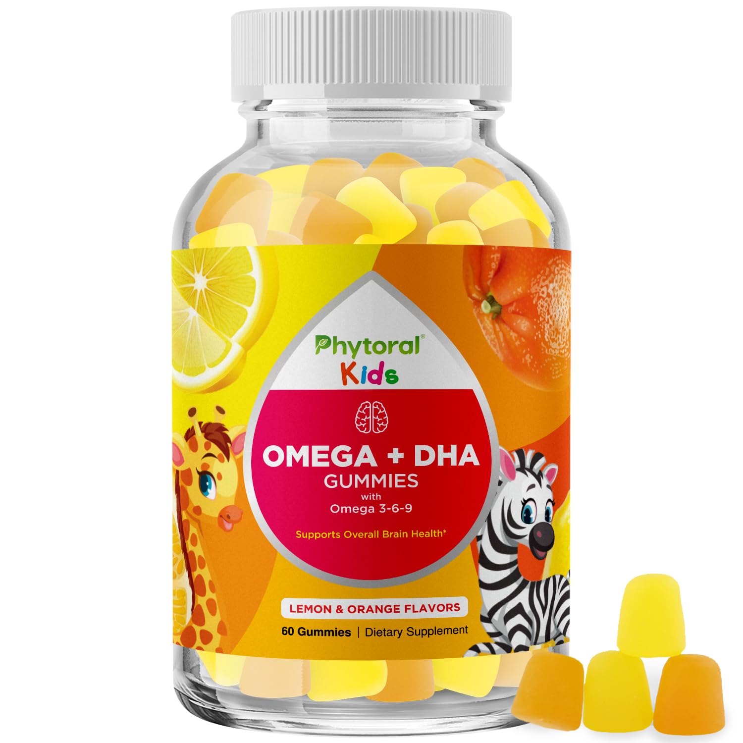 Phytoral Kids Omega DHA Gummies bottle shows focus-friendly omega 3-6-9