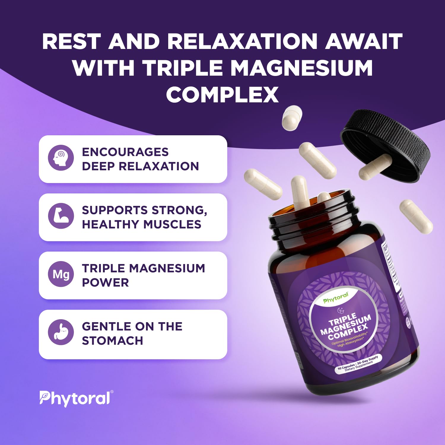 Phytoral Magnesium Complex capsules close-up highlighting triple blend
