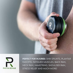 Phyya Rehab cold therapy roller in use on leg for targeted relief.