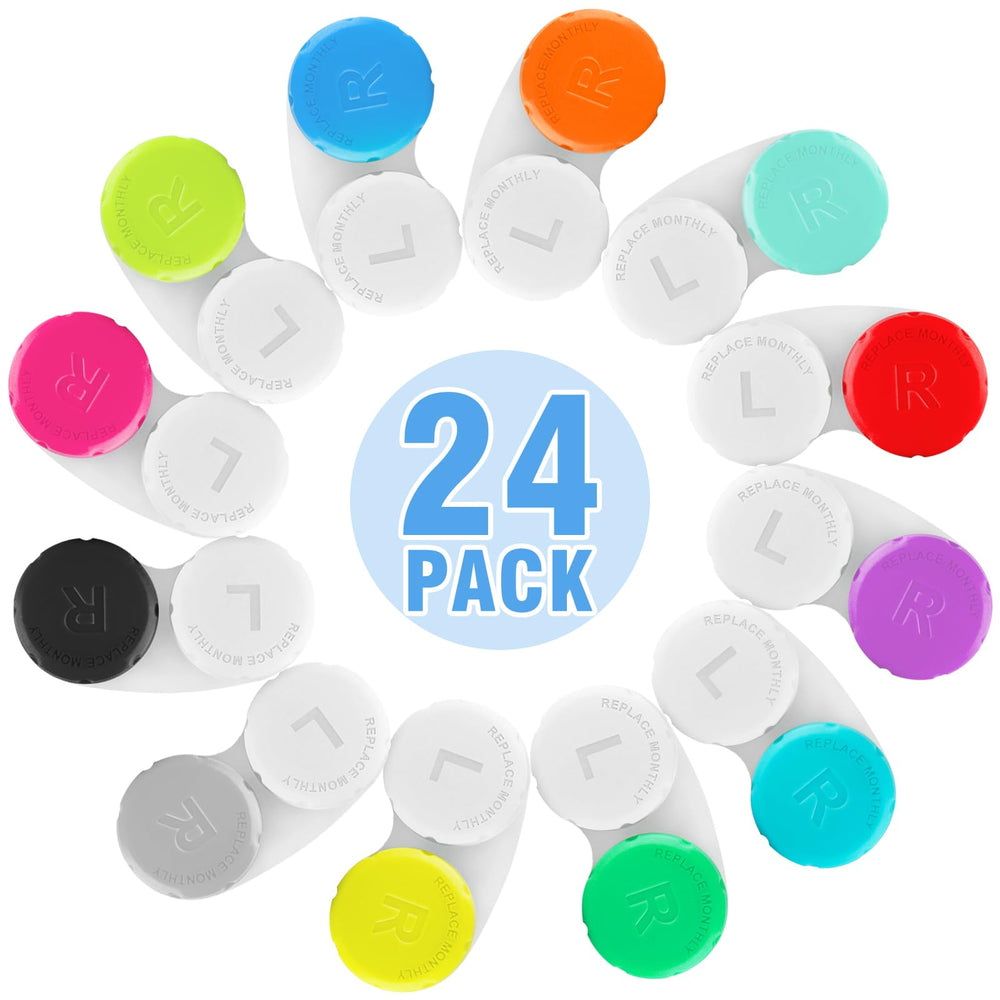 Phyyixs 24-pack colorful contact lens cases in 12 colors for organized travel storage.