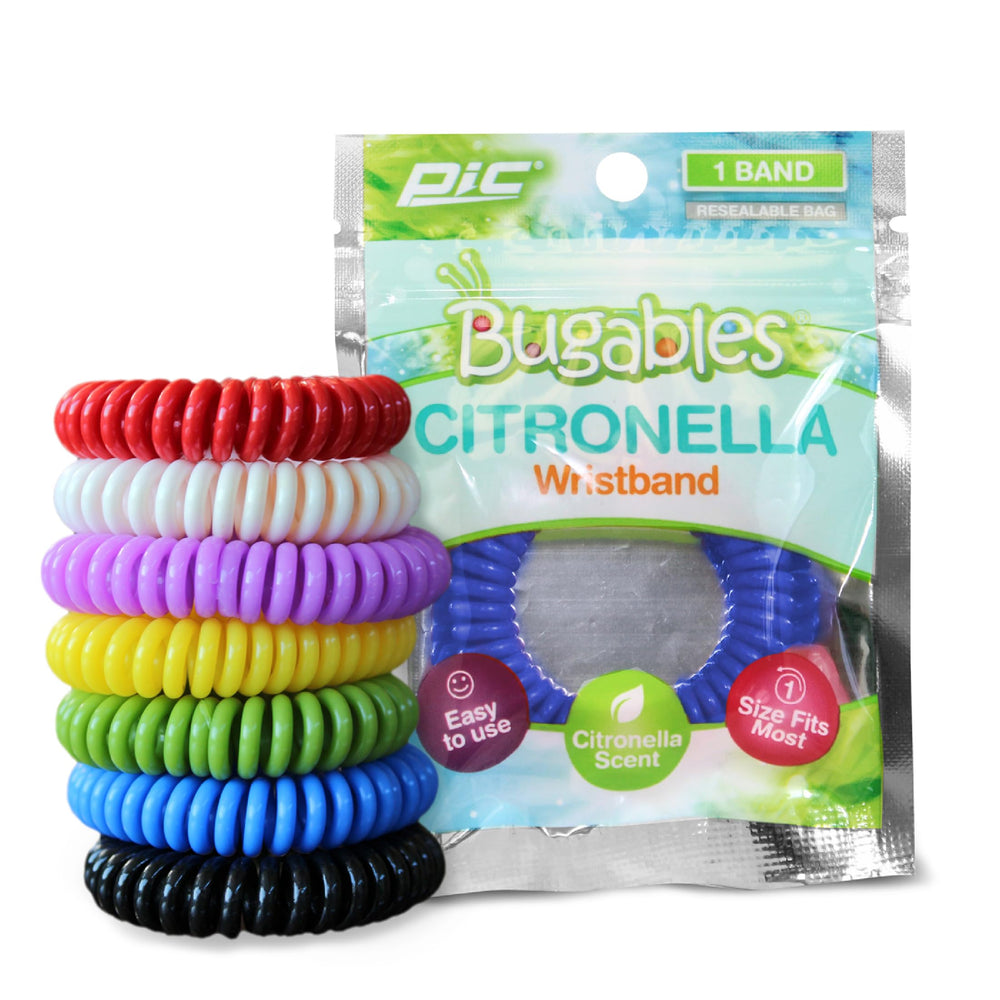 PIC Bugables citronella coil wristbands shown in a closeup on the wrist.
