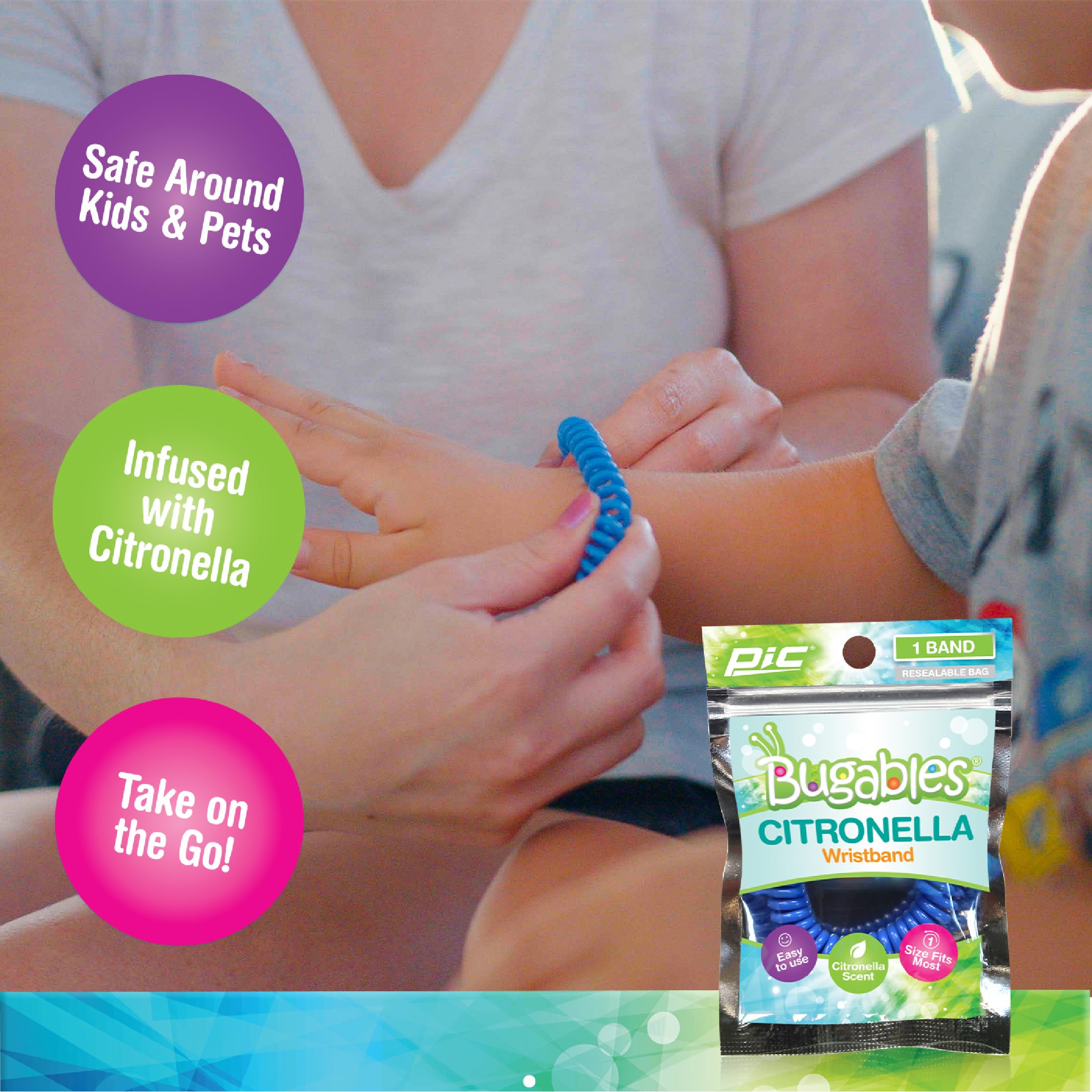 PIC Bugables citronella coil wristbands in use during outdoor activity.