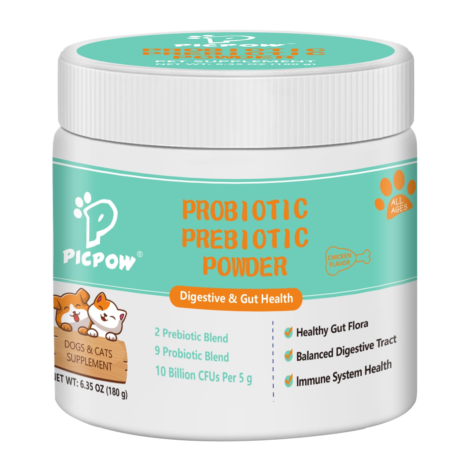 PICPOW probiotic powder bottle for dogs and cats supports gut balance and immune health.