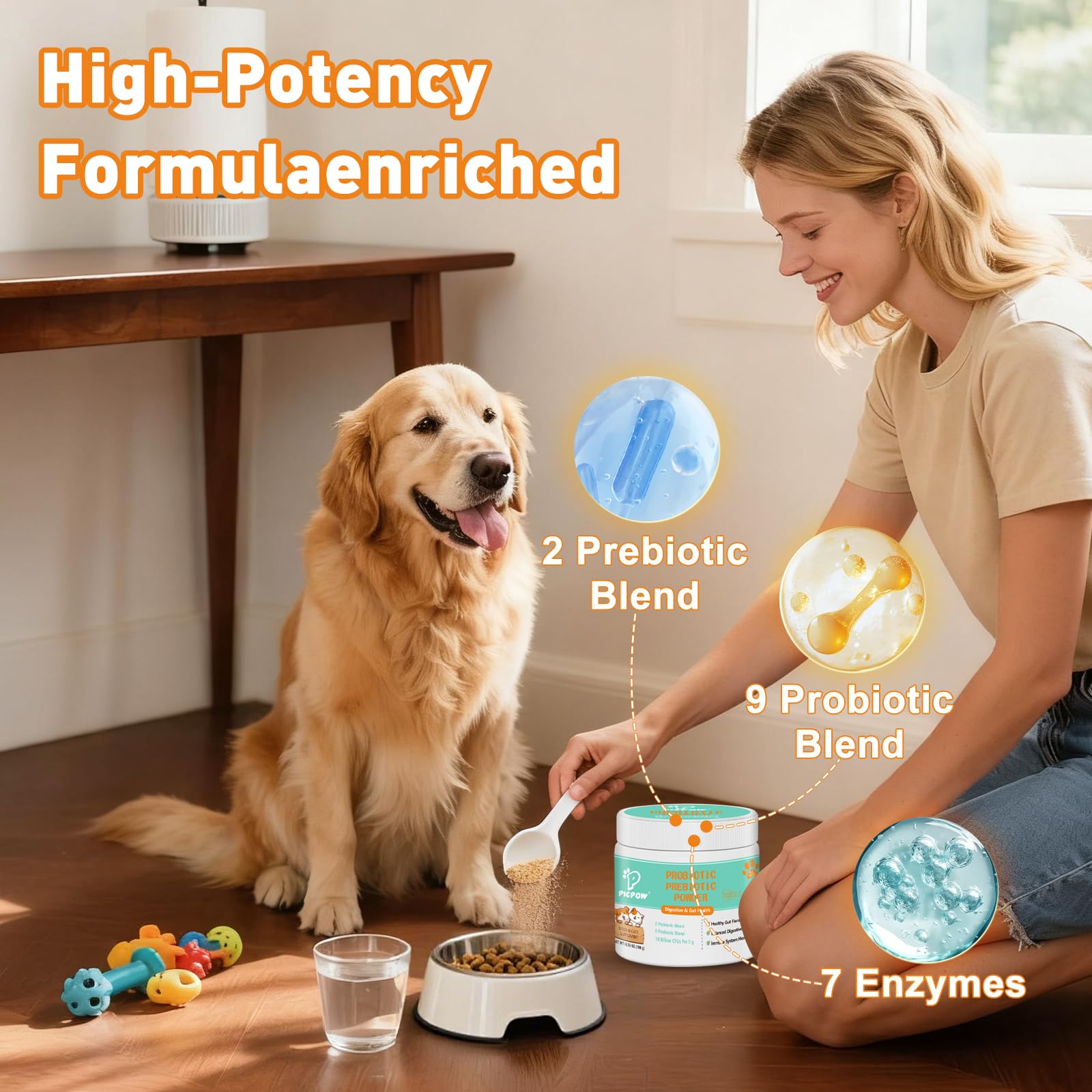 PICPOW probiotic powder being poured over pet food for easy administration.