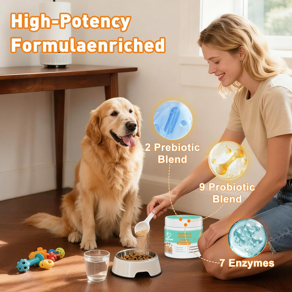 PICPOW probiotic powder being poured over pet food for easy administration.