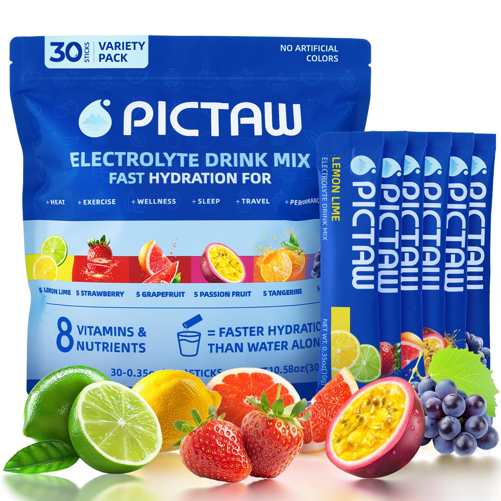 PICTAW electrolytes lemon-lime stick packet for quick gym hydration.