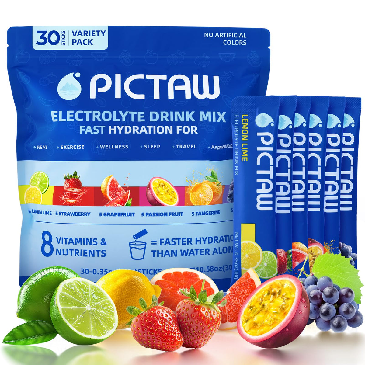 PICTAW electrolytes lemon-lime stick packet for quick gym hydration.