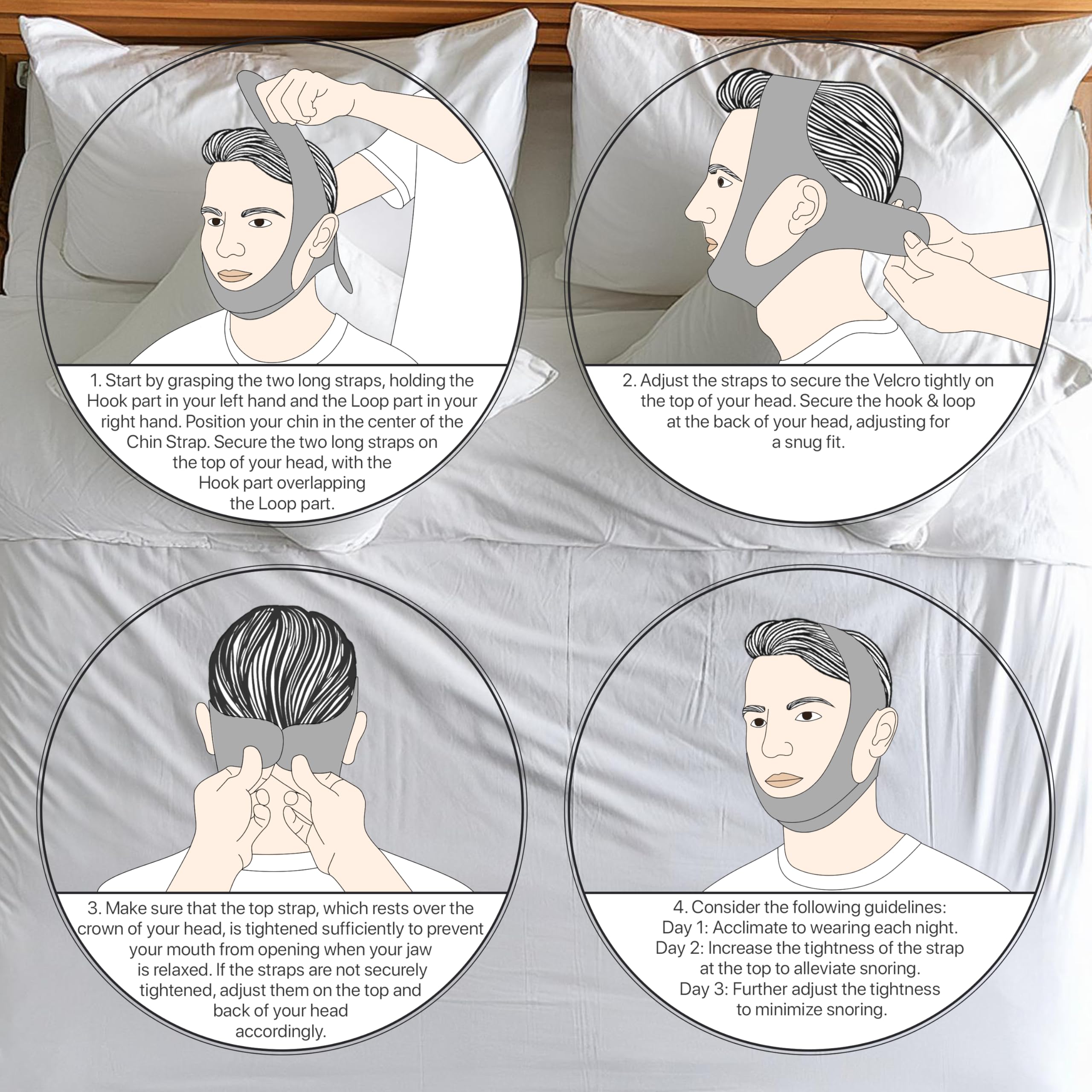 PIDOTI chin strap night-use scene suggesting restful sleep and quiet breathing.