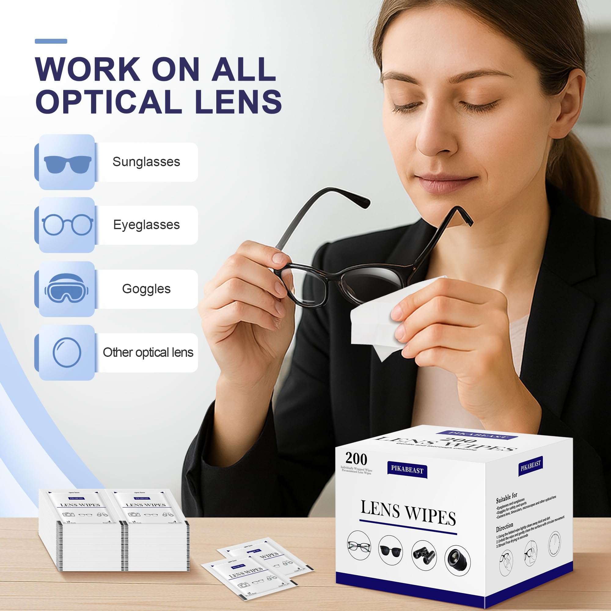 Pikabeast lens wipes packaging close-up showing convenient individually wrapped sheets