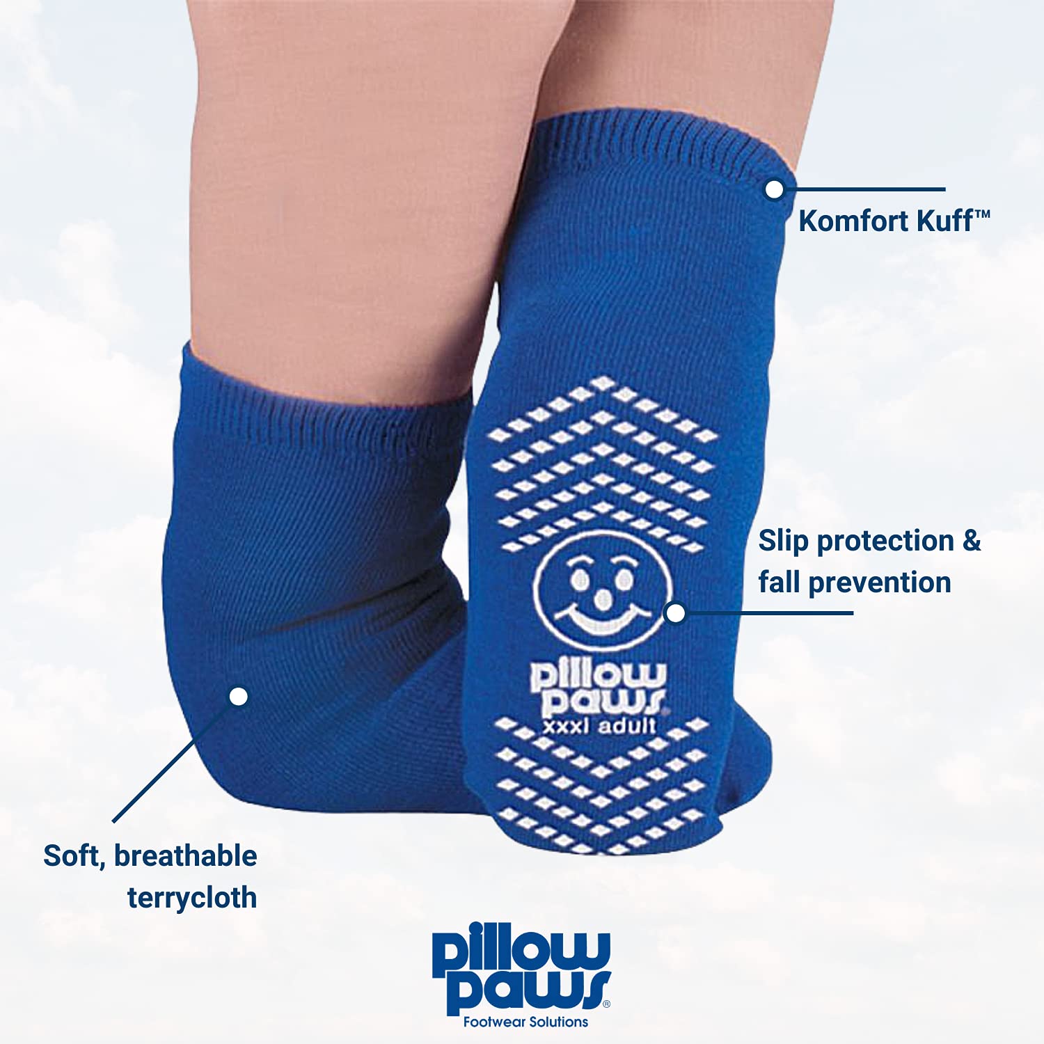 Pillow Paws extra-wide design slipper socks in royal blue for edema-friendly wear.
