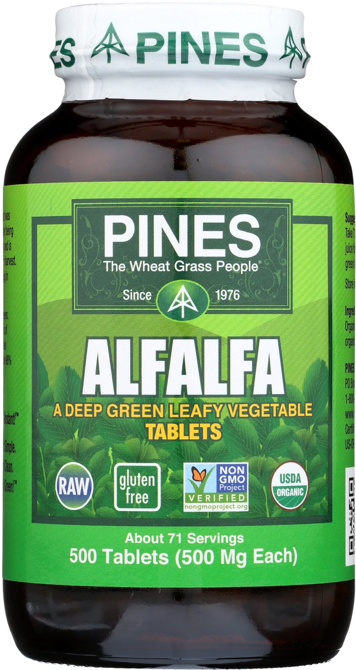PINES Organic Alfalfa tablets bottle on counter for easy daily greens.