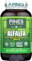 PINES Organic Alfalfa tablets bottle on counter for easy daily greens.