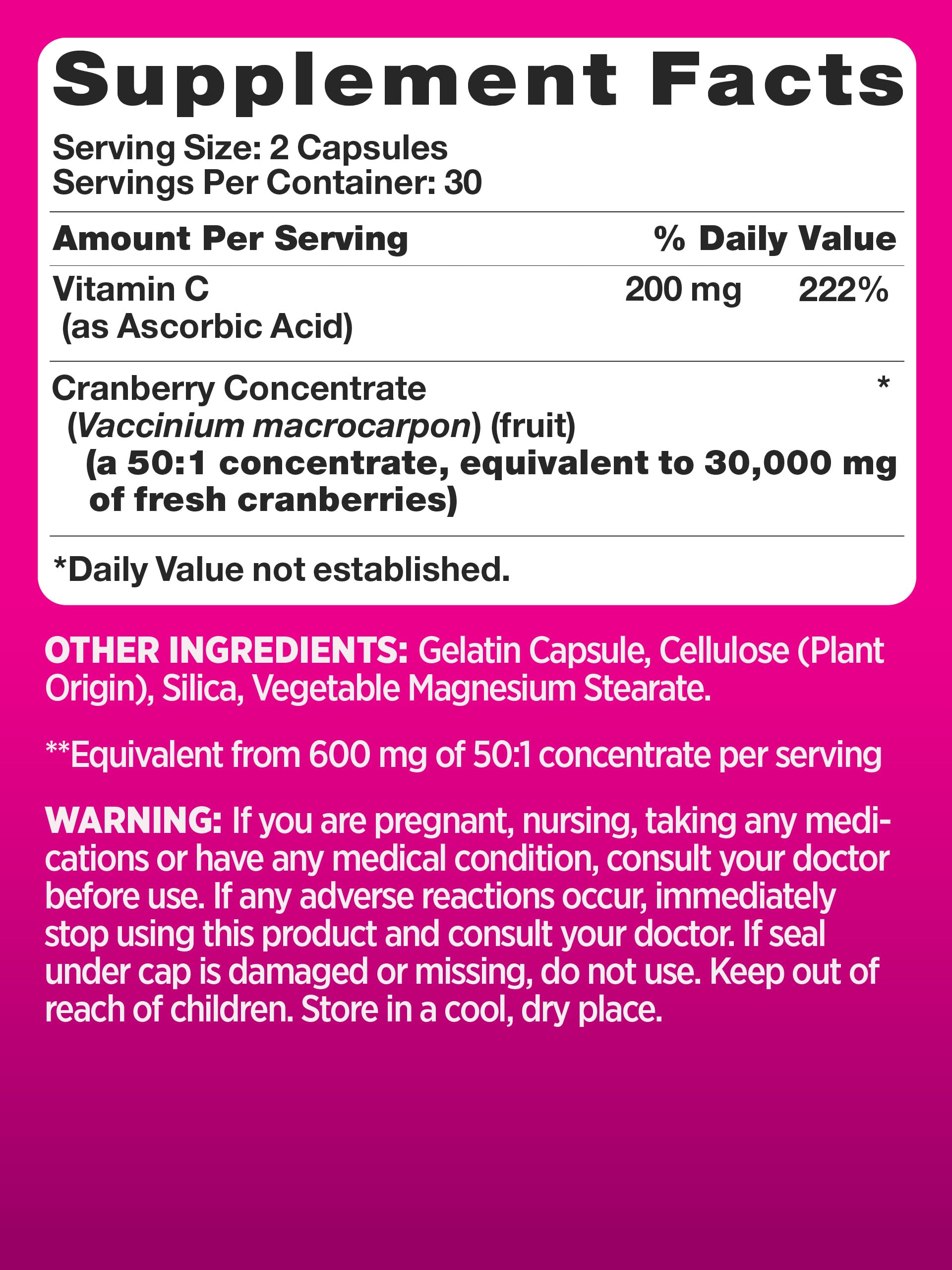 Pink Cranberry Pills capsule closeup showcases quick release formula for easy daily dosing.