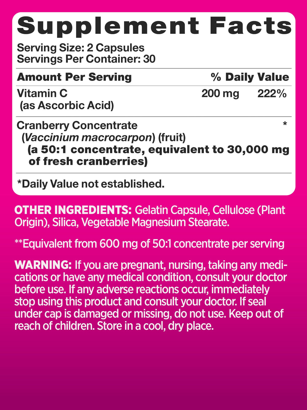 Pink Cranberry Pills capsule closeup showcases quick release formula for easy daily dosing.