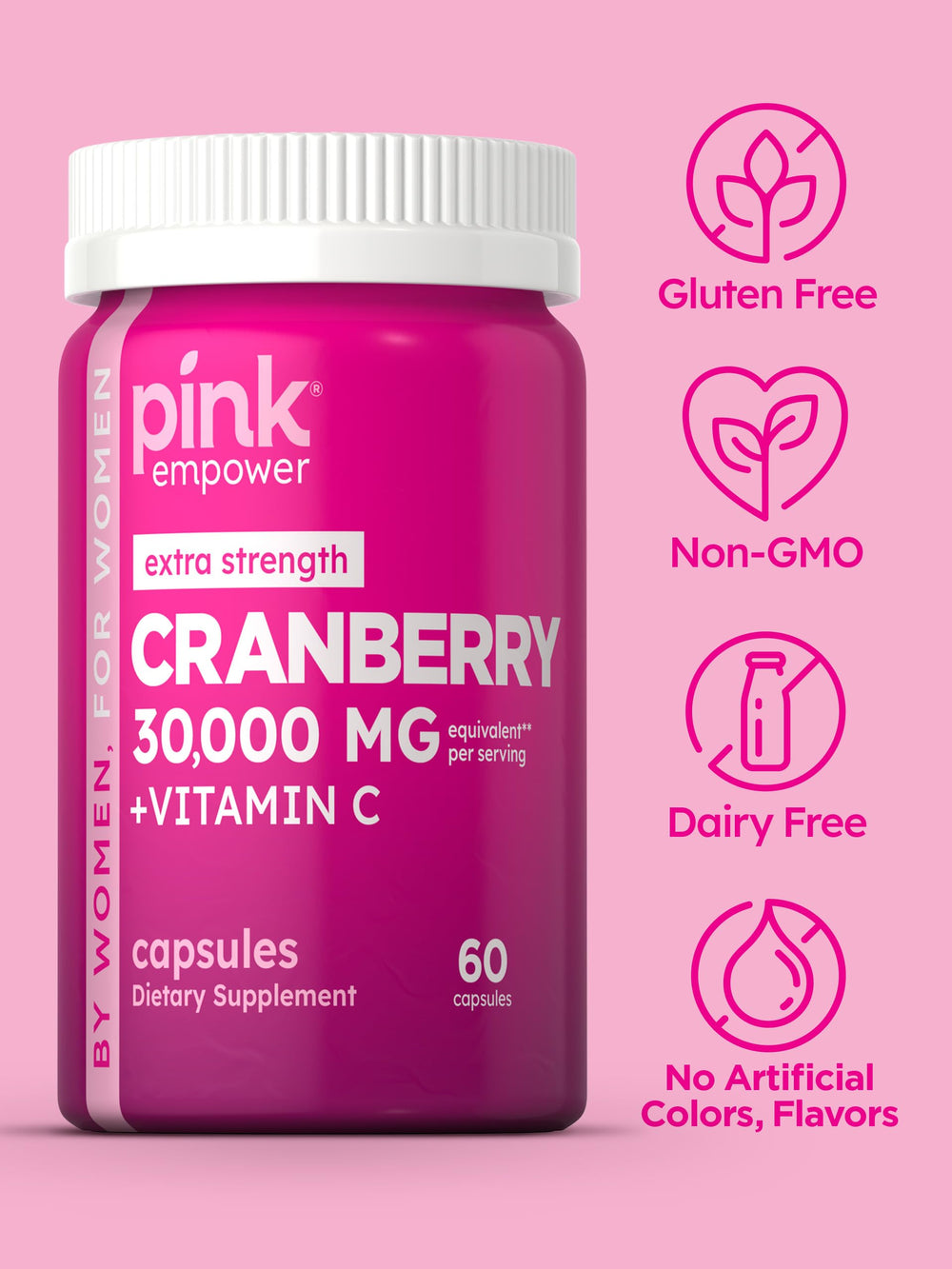 Pink Cranberry Pills daily-use bottle suggests simple routine for ongoing urinary health support.