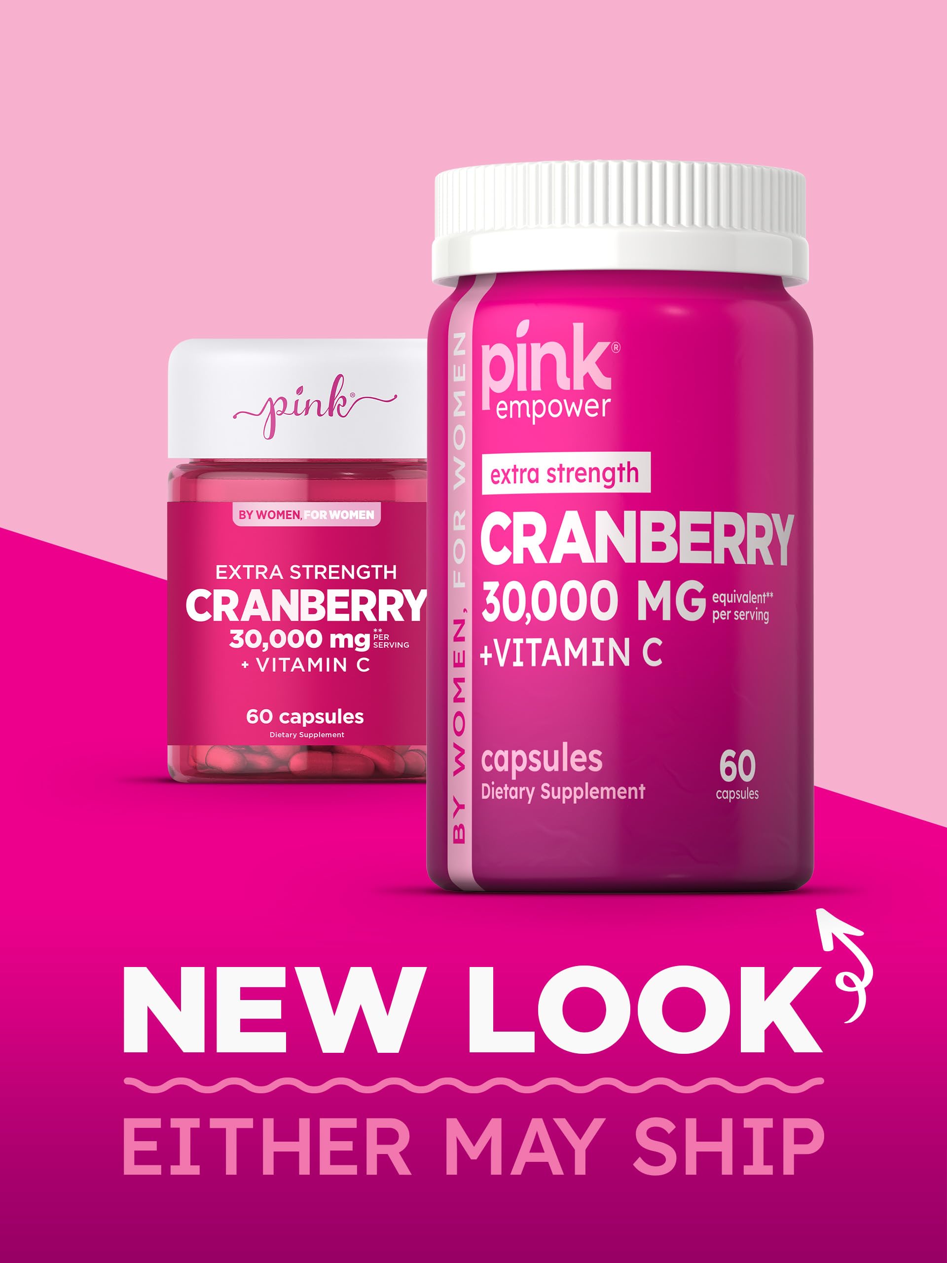 Pink Cranberry Pills ingredient label highlights cranberry, Vitamin C, and hibiscus blend benefits.