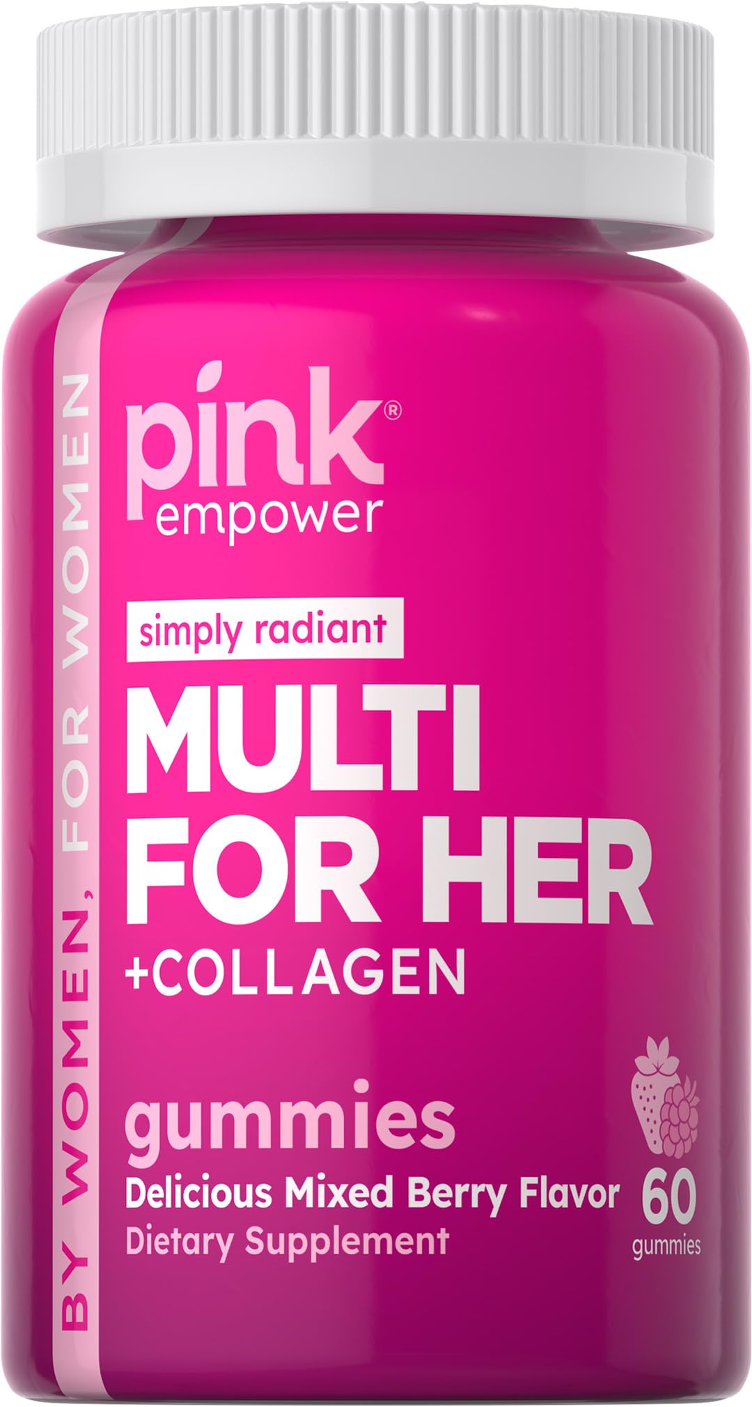 PINK multivitaminas para mujeres en botella para uso diario.