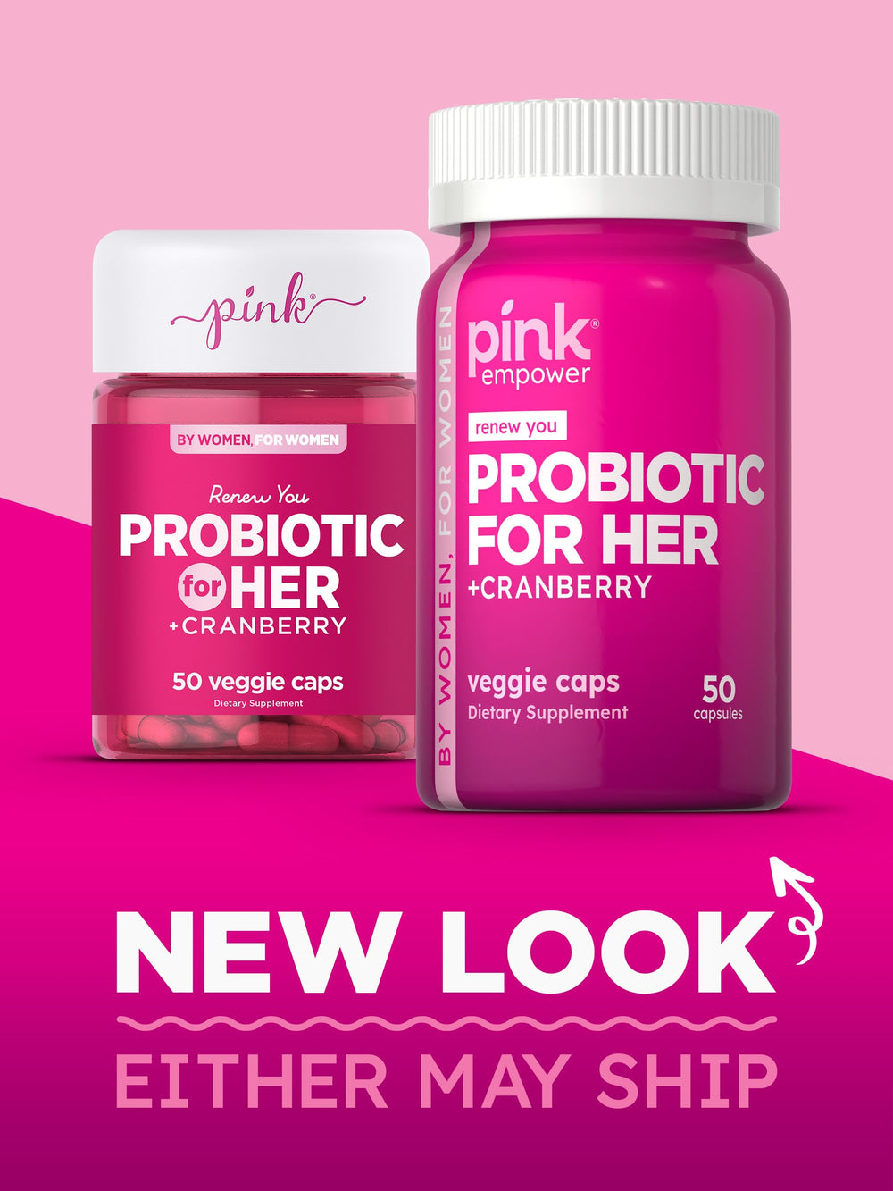 PINK Probiotics bottle with glass of water for a simple daily routine.