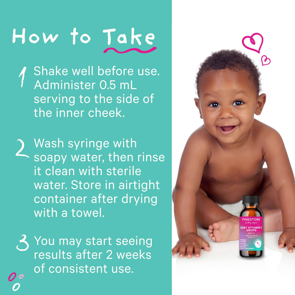 Pink Stork Vitamin D Drops come in child-safe packaging.