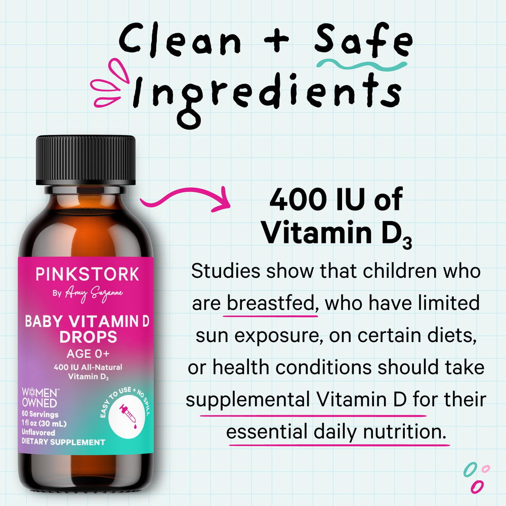 Pink Stork Baby D Drops unflavored formula blends easily with milk.