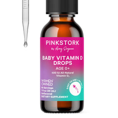 Pink Stork Baby Vitamin D Drops with syringe for precise dosing supporting bone development.