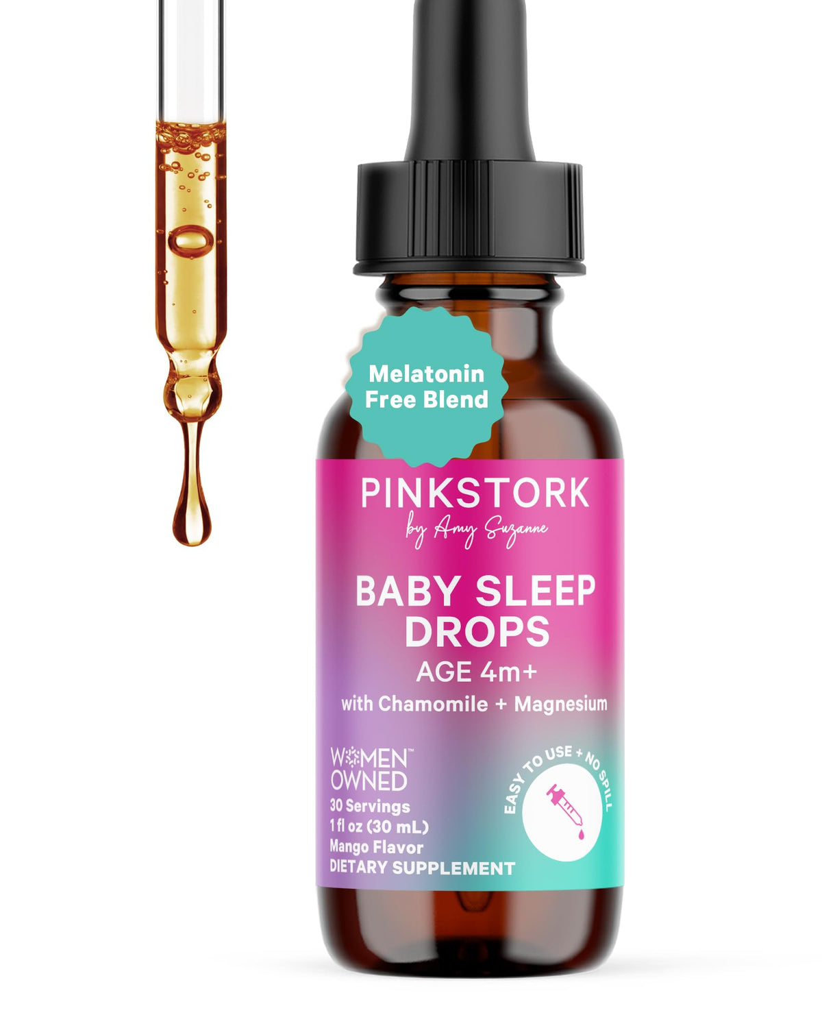 Pink Stork Baby Sleep Drops bottle pour for easy nightly dosing and calmer bedtimes