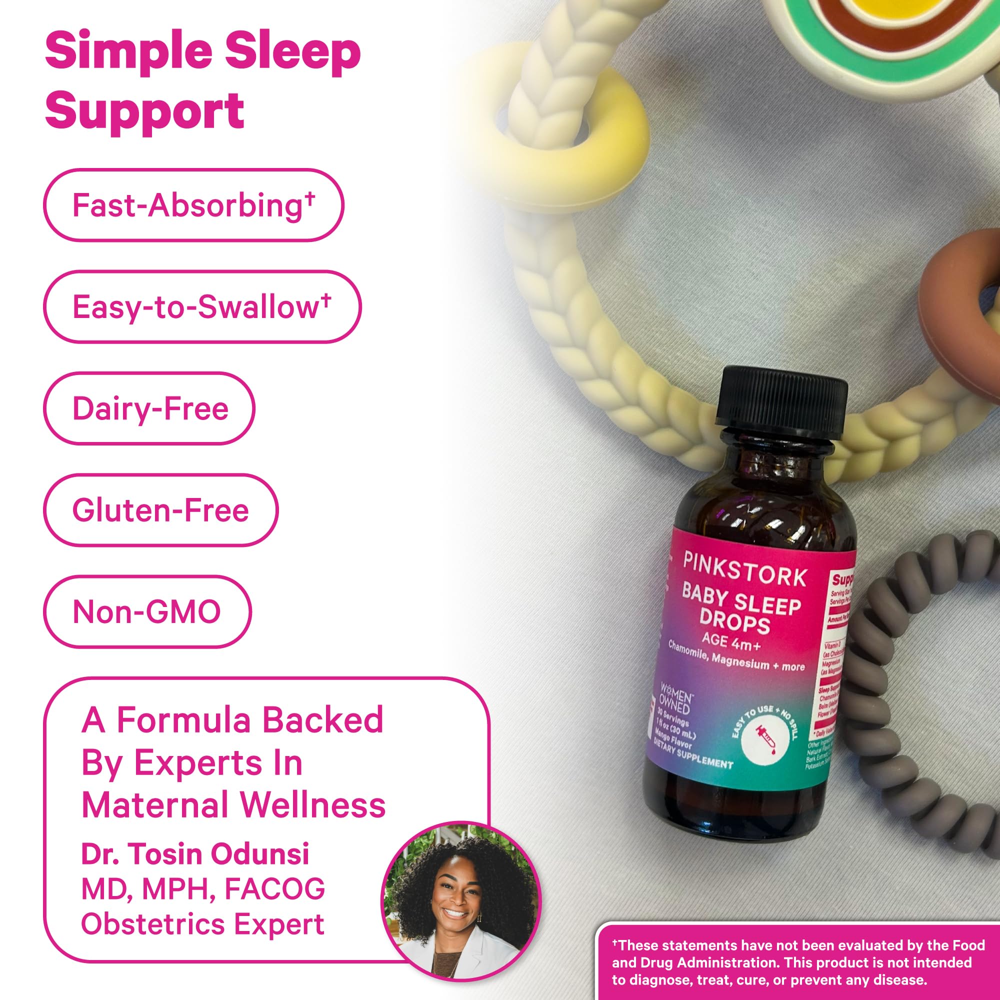 Pink Stork Baby Sleep Drops label close-up highlights gentle herbal ingredients