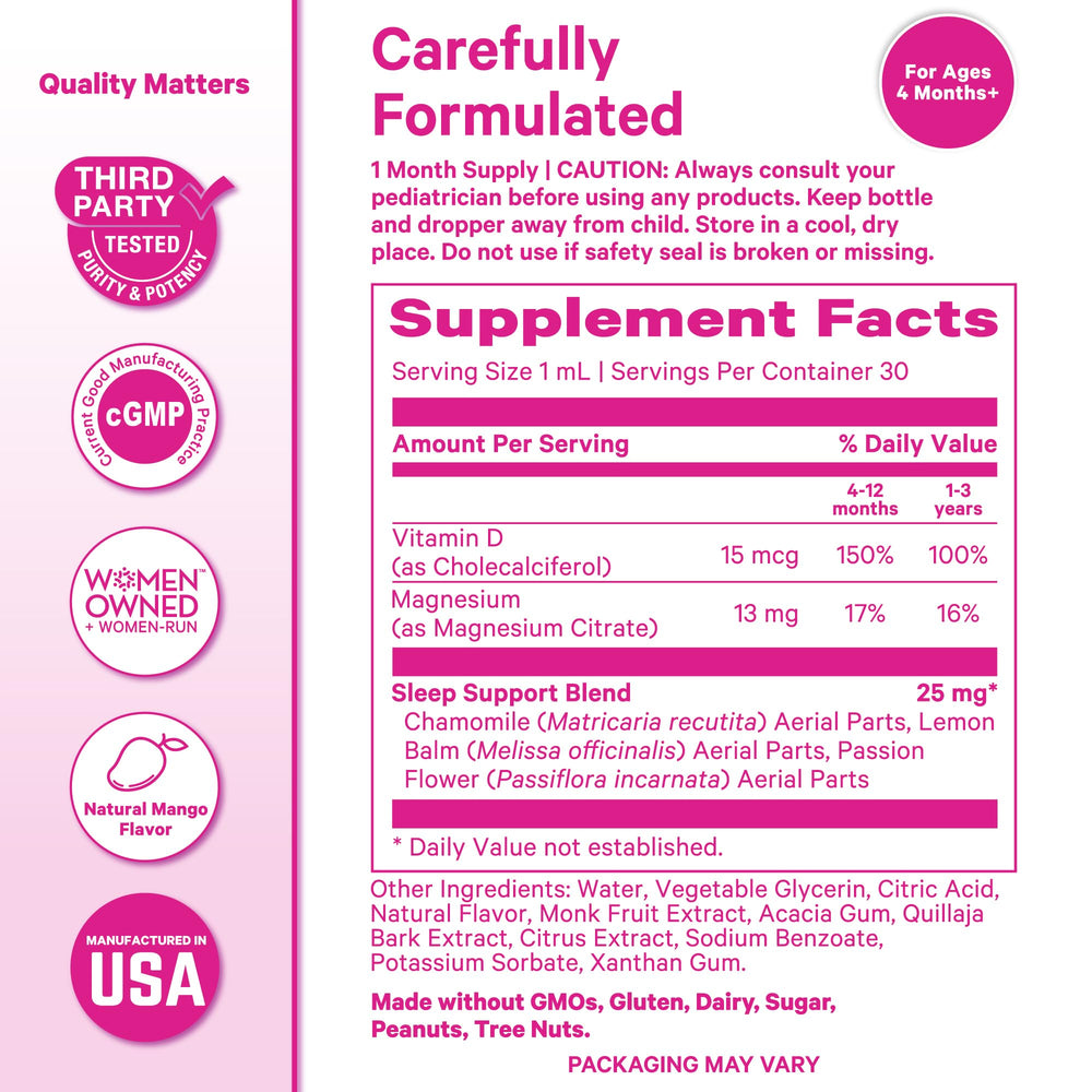 Pink Stork Baby Sleep Drops third-party tested badge communicates quality and safety