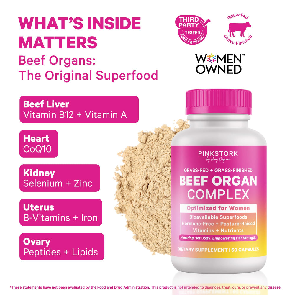 Pink Stork beef organ capsules close-up highlighting easy-to-swallow format.