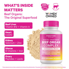 Pink Stork beef organ capsules close-up highlighting easy-to-swallow format.