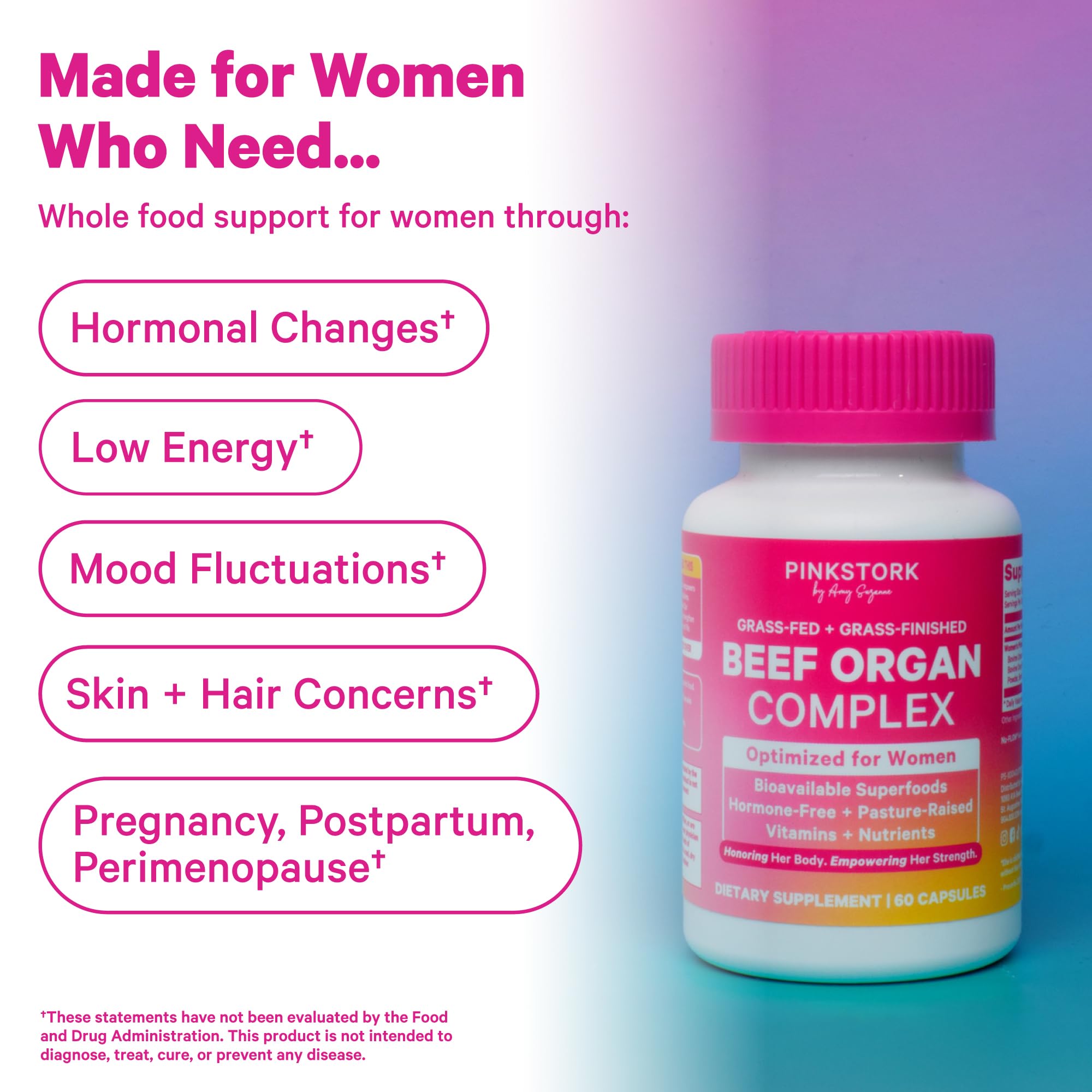 Pink Stork beef organ supplement packaging on clean background.