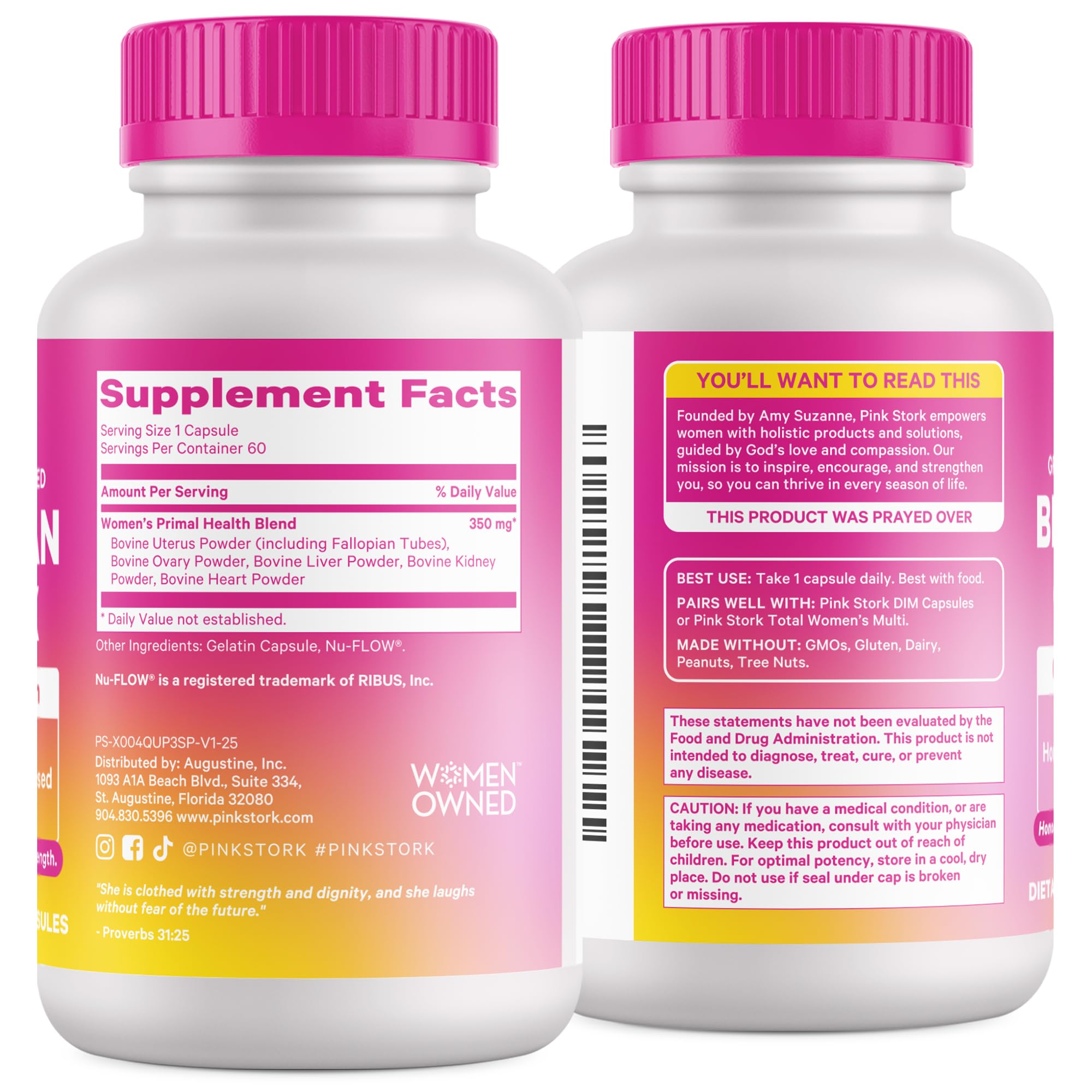 Pink Stork packaging emphasizes skin, hair, and immune support nutrients.