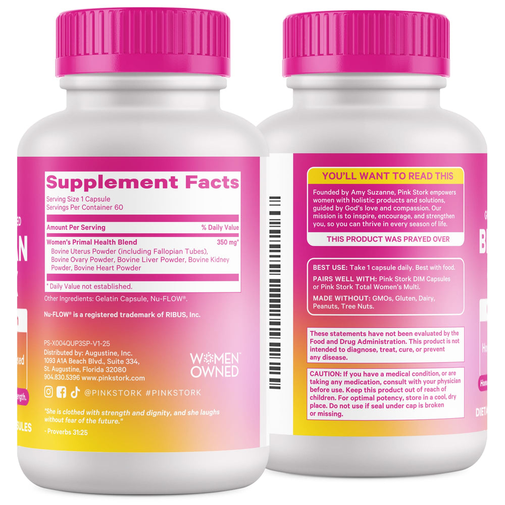 Pink Stork packaging emphasizes skin, hair, and immune support nutrients.