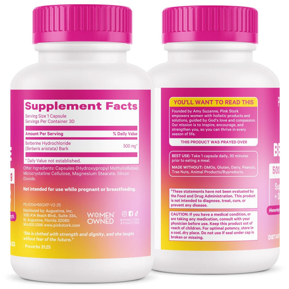 Pink Stork Berberine 30 capsules container ready for routine use