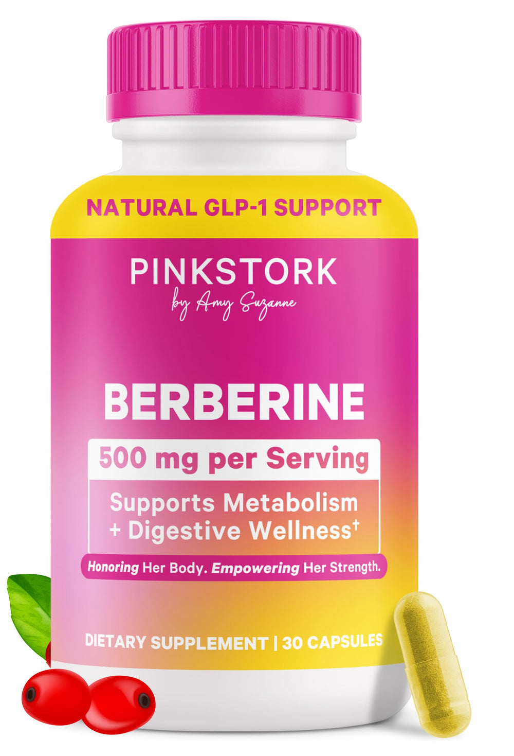 Pink Stork Berberine 500mg bottle showing metabolism support and vegan formula