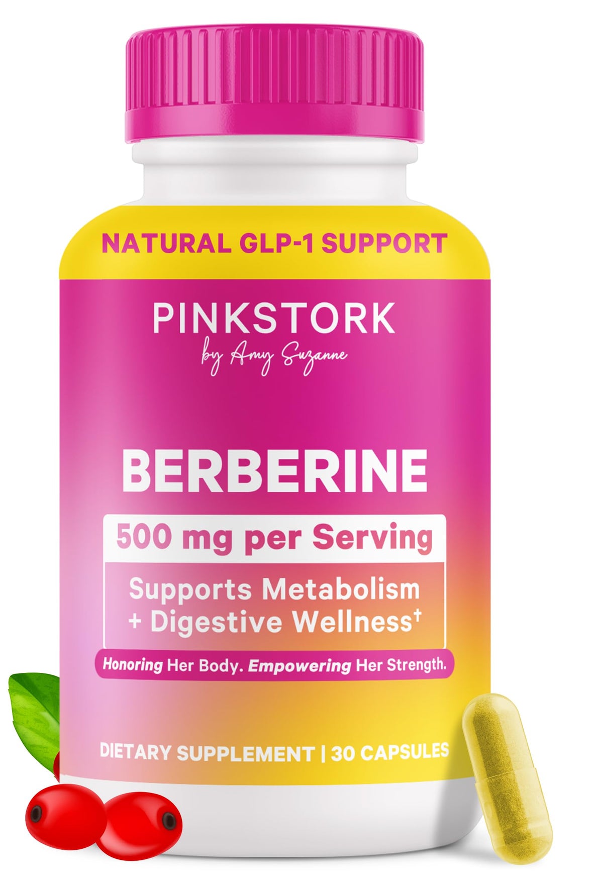 Pink Stork Berberine 500mg bottle showing metabolism support and vegan formula
